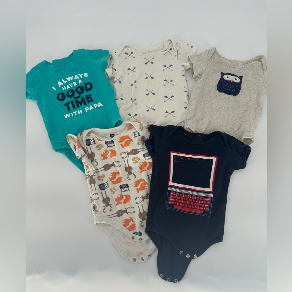 Assorted Kids Lot of 5 Baby Boy Bodysuit 3-6 Months papa computers blue woodland